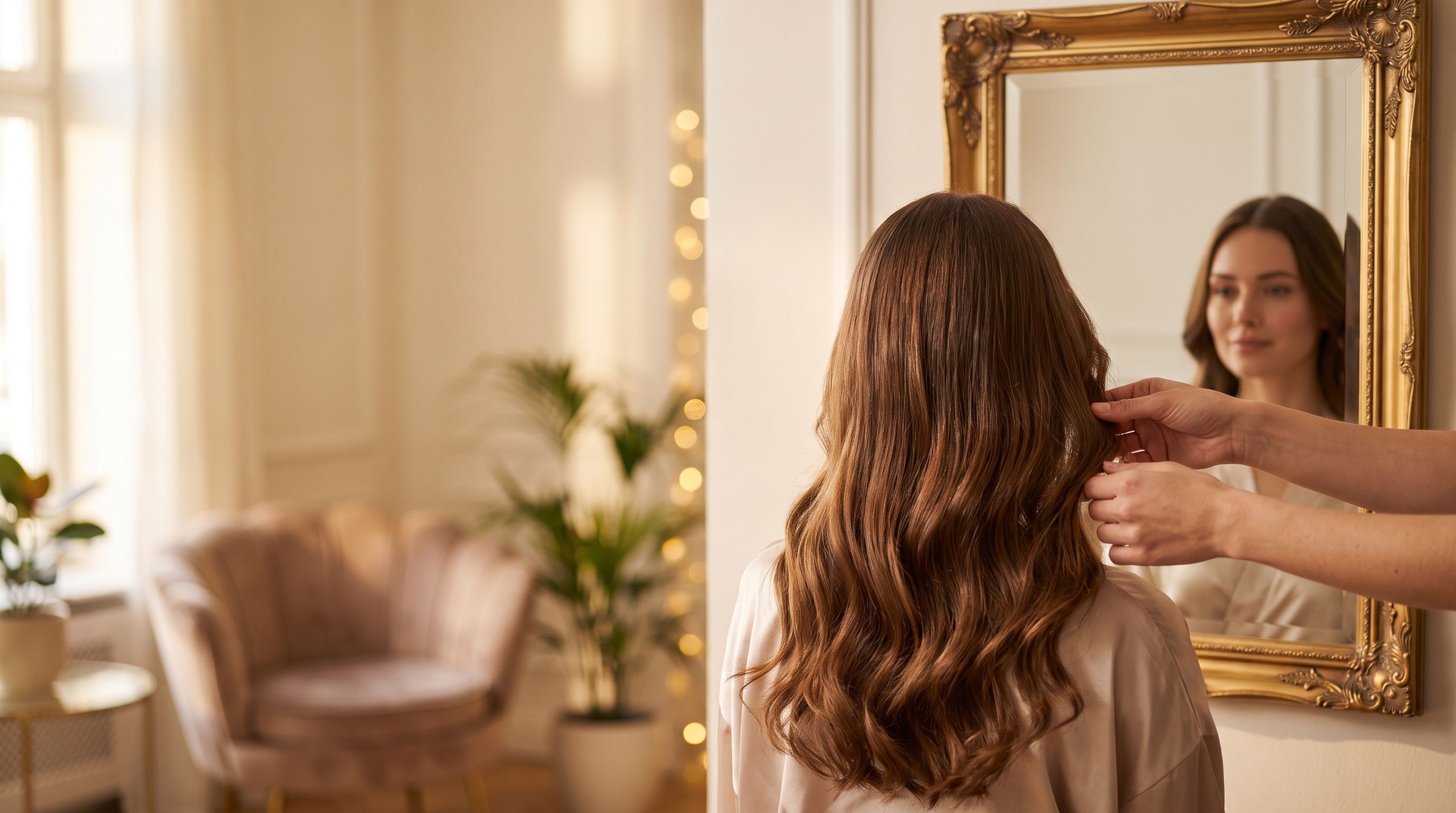 Friseurin richtet die gewellten Haare einer Kundin vor einem goldgerahmten Spiegel